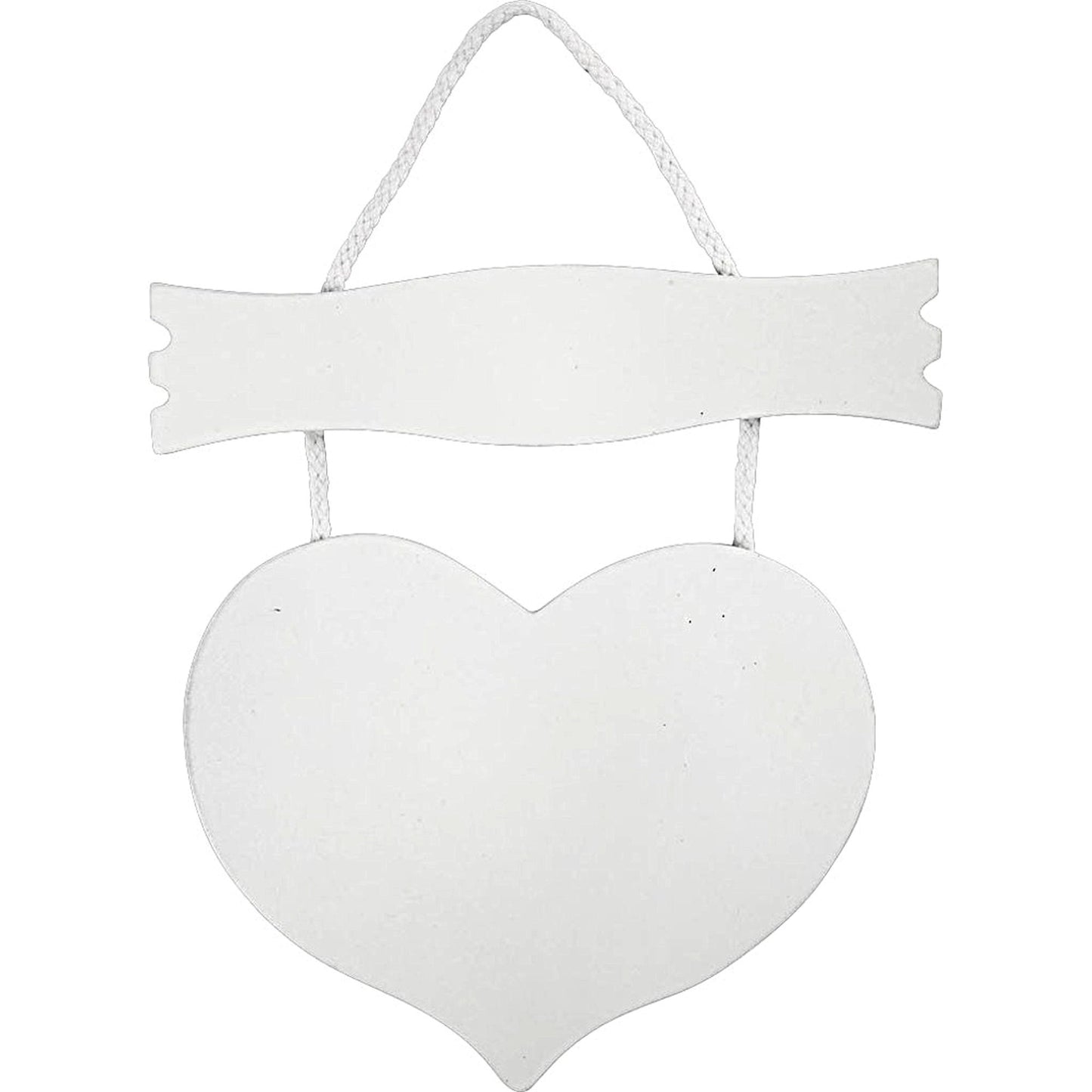 WOODEN HEART Shaped White Plaque with Banner, 24x19cm & 5mm Thick with White Cord, Ready to Decorate and Use for Wall Decor