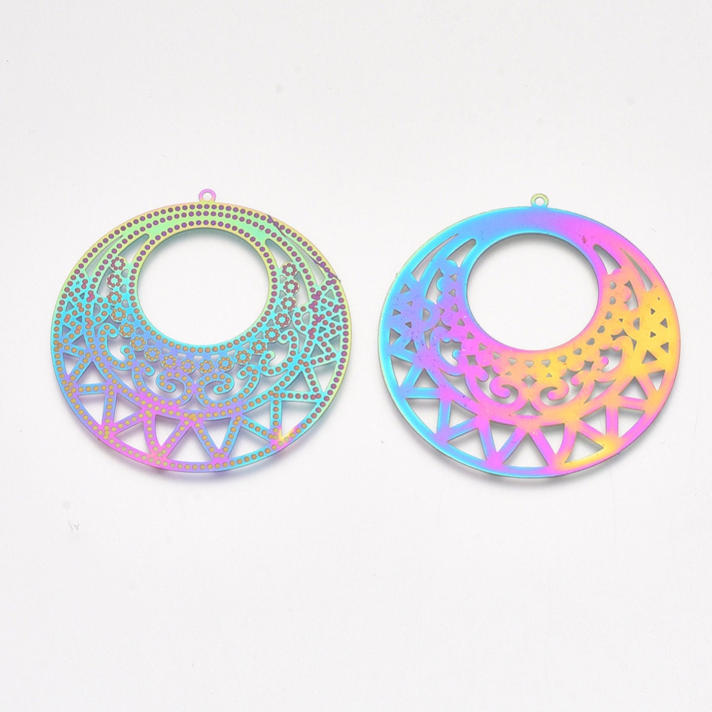 50mm ELECTROPLATED CIRCLE Pendants, 5 Stainless Steel Rainbow Pendants in Filigree Style, Lightweight Large Charms