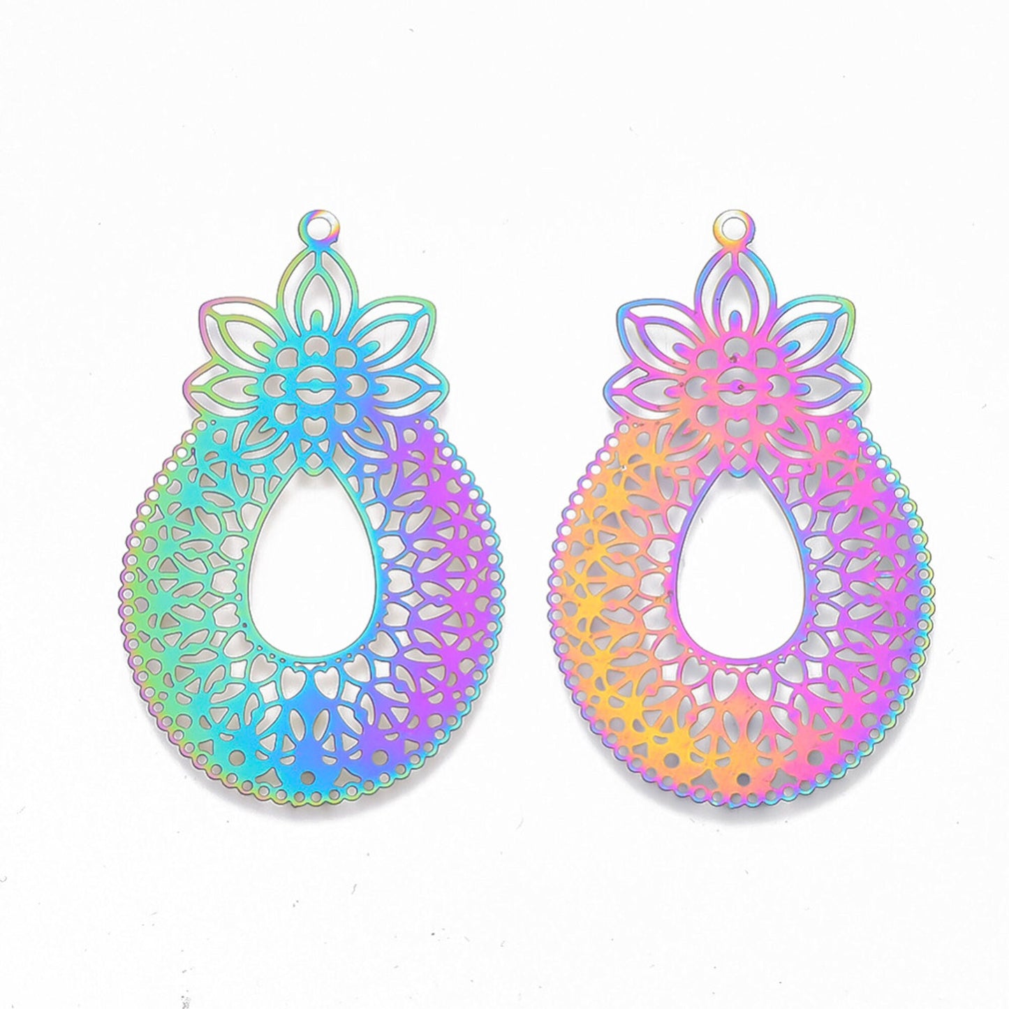 49mm FILIGREE STYLE Stainless Steel Flower Pendants, Set of 5 Electroplated Rainbow Jewellery in a Teardrop Shape