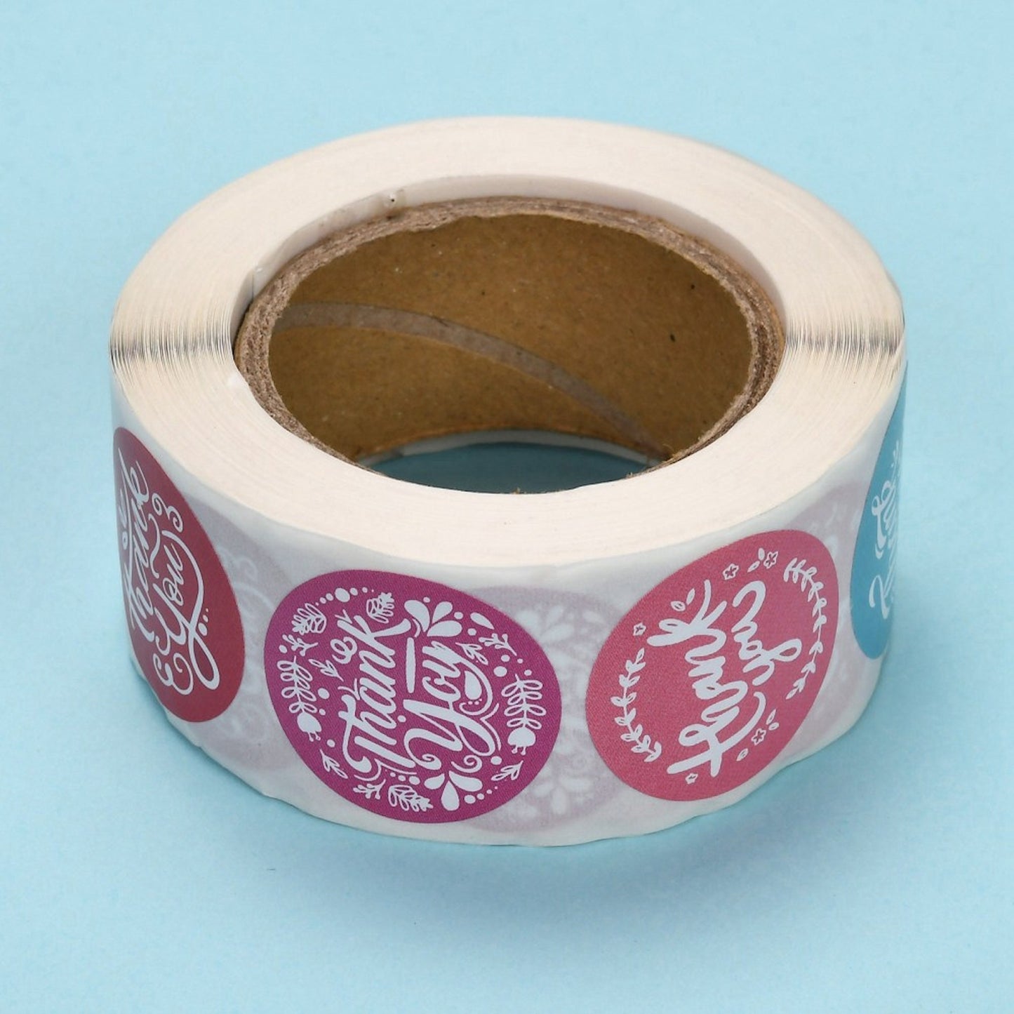 THANK YOU Stickers, Roll of 500 in 8 Designs. 25mm Round Labels for Customer Products