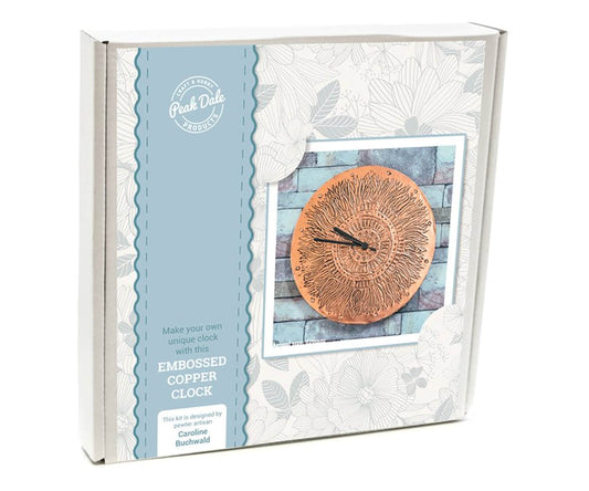 COPPER CLOCK METAL EMBOSSING KIT with 4 Pattern Sheets, Wooden Clock Face, Copper Sheet and Full Instructions.