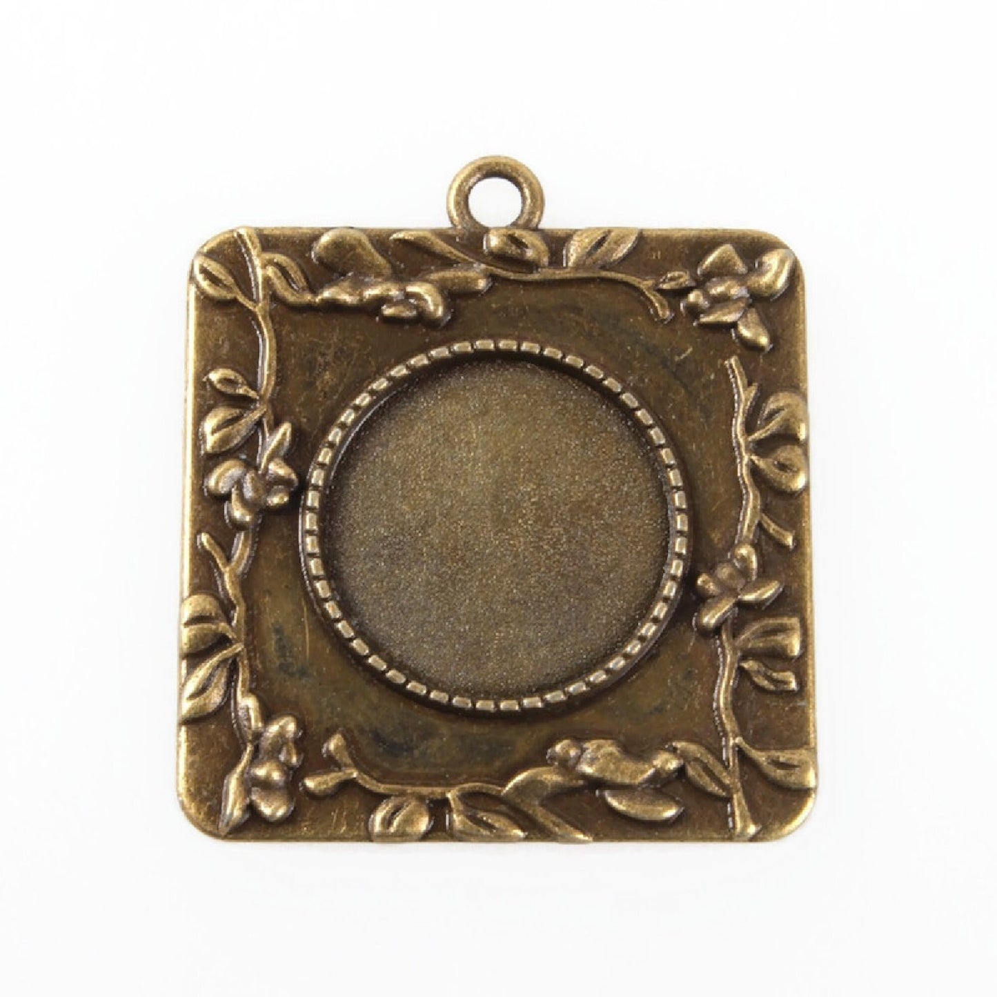 5 BRONZE BEZEL TRAYS with a 20mm Cab Setting, 40x36x2mm, Hole 3mm, Square Pendant with Round Setting