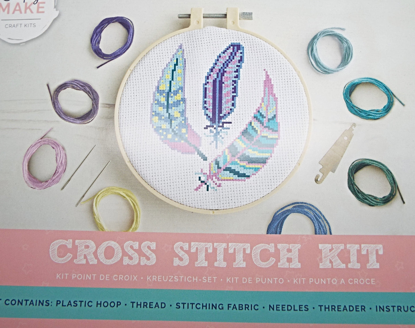 FEATHERS CROSS Stitch Kit, Gift for Crafters, Full Kit with Instructions, 20cm Plastic Hoop with 8 Threads, Needles and Fabric