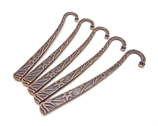 5 RED COPPER Floral Bookmarks, Antique Style Bookmark Blanks for Beads, Tassels & Charms, 118mm Bookworm Gift