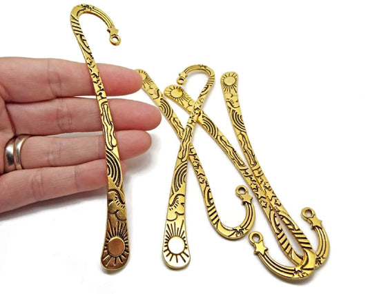 5 ANTIQUE GOLD BOOKMARKS with a Sun and Stars Design, Blanks for Beads Tassels & Charms, 124mm Bookworm Gift