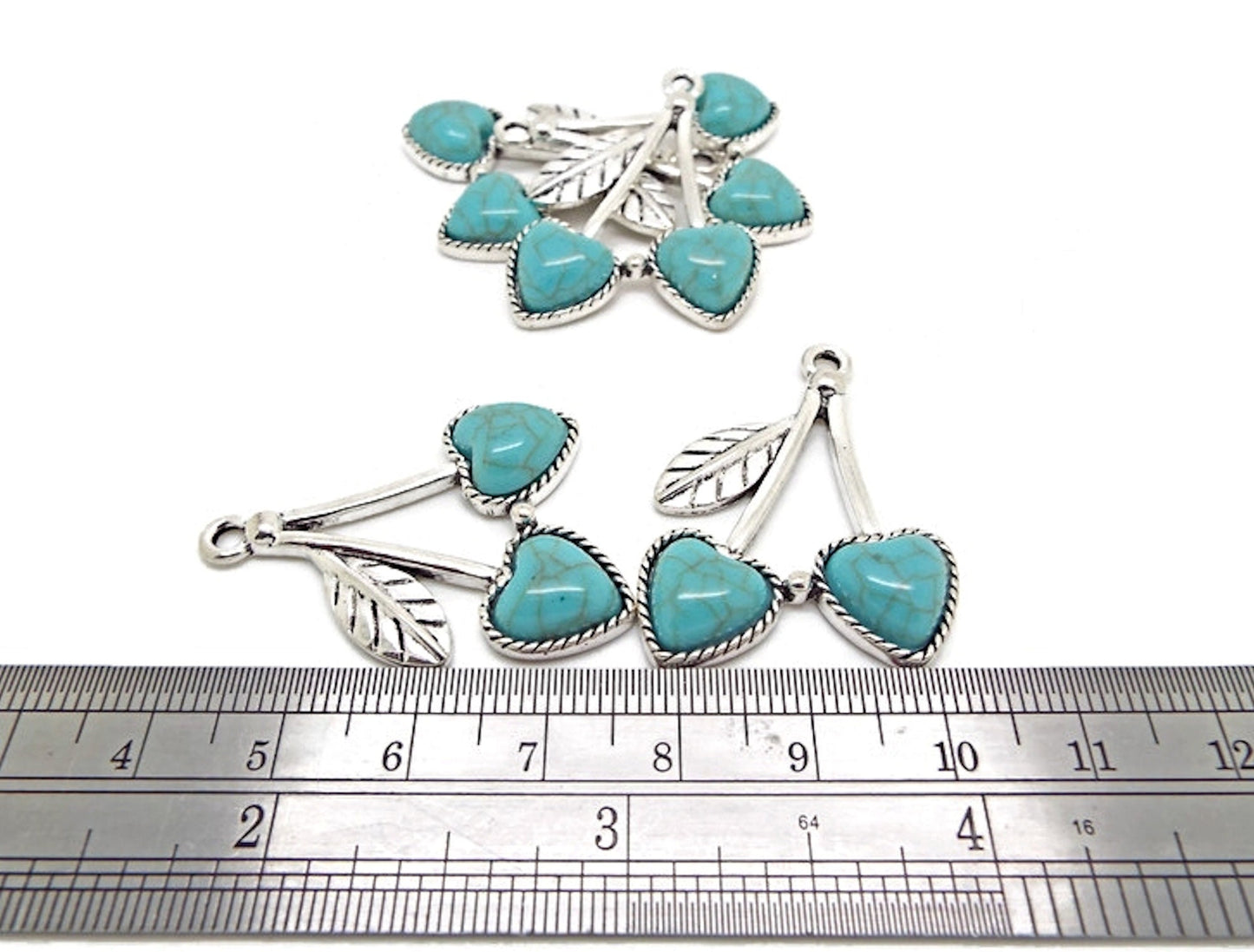 5 FAUX TURQUOISE Cherry Pendants in an Antique Silver Style, 37x26mm with 2mm Hole, Heart Shaped Faux Gemstone