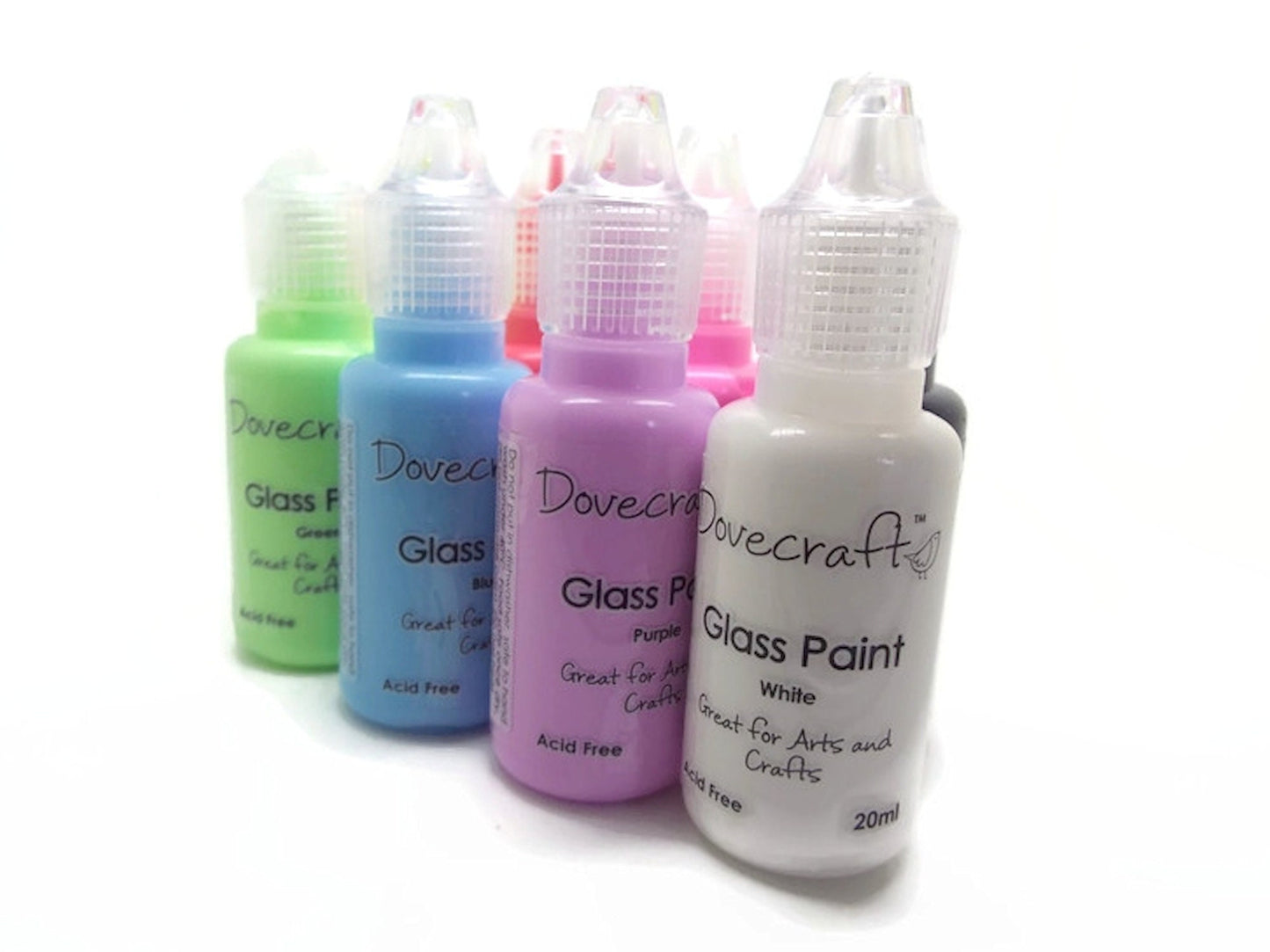 8 DOVECRAFT GLASS PAINTS 20ml, Acid Free with Fine Nozzle and Easy Application, Perfect for Jars, Vases & Bottles