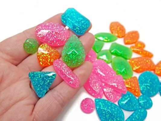 32 Neon Gem Cabochons in 4 Colours, Handmade Embellishments with Resin and Glitter, Pink, Green, Blue and Orange