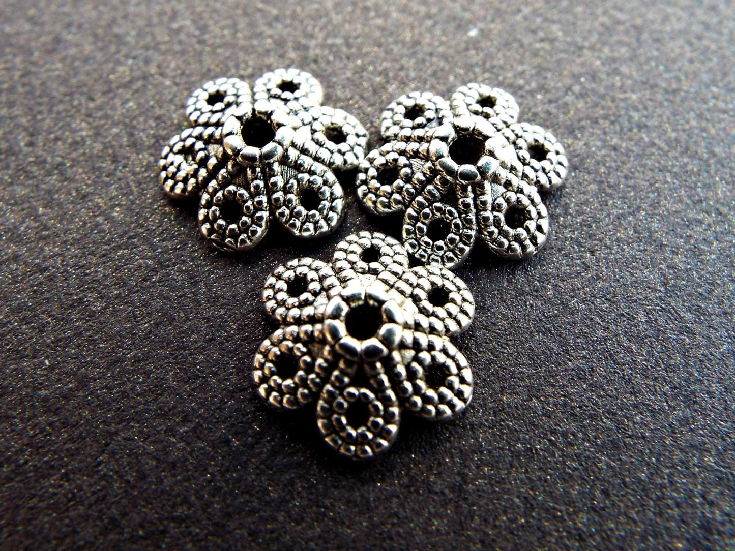 PACK OF 100 Silver Flower Bead Caps, 10mm Antique Silver Style Round with a 1mm Hole.