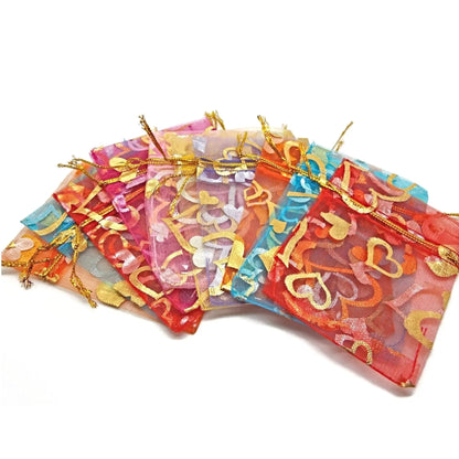 20 Organza Bags with Gold Heart Design and Drawstring, Favour or Jewellery Gift Bags