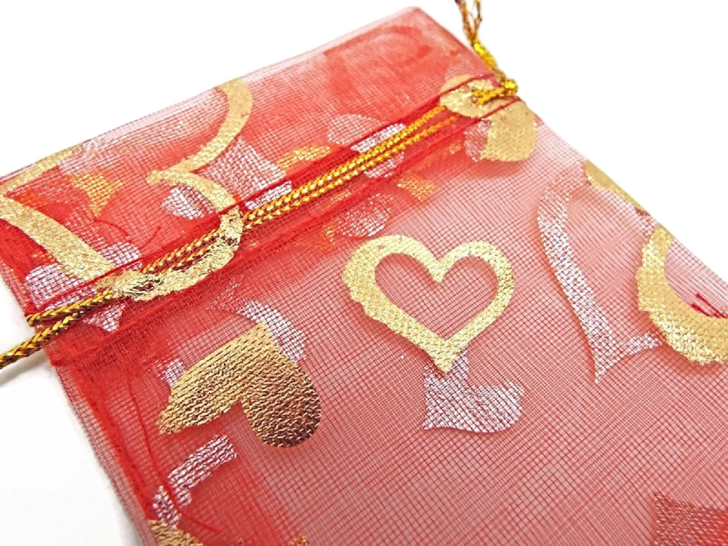 20 Organza Bags with Gold Heart Design and Drawstring, Favour or Jewellery Gift Bags