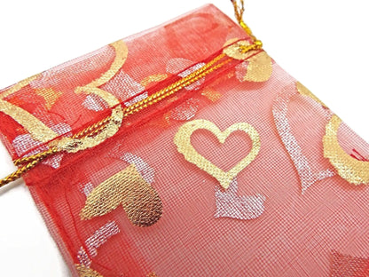 20 Organza Bags with Gold Heart Design and Drawstring, Favour or Jewellery Gift Bags