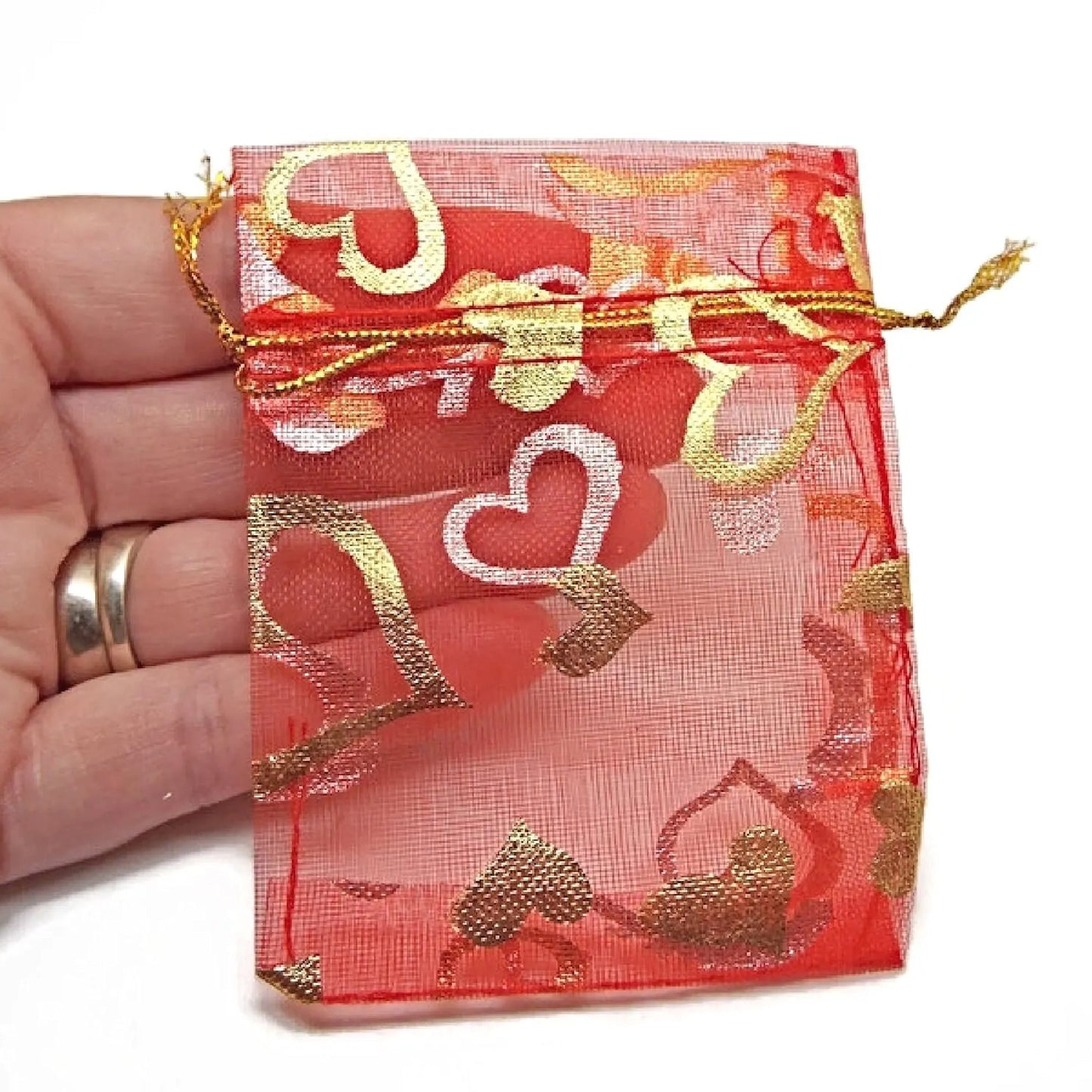 20 Organza Bags with Gold Heart Design and Drawstring, Favour or Jewellery Gift Bags