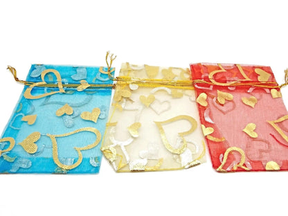 20 Organza Bags with Gold Heart Design and Drawstring, Favour or Jewellery Gift Bags