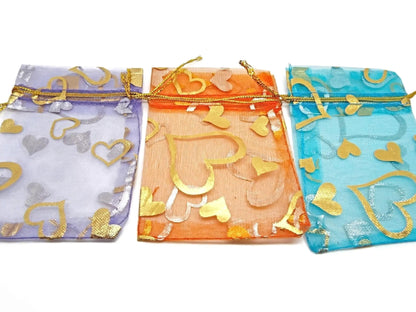 20 Organza Bags with Gold Heart Design and Drawstring, Favour or Jewellery Gift Bags