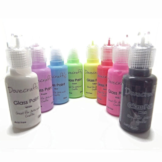 8 DOVECRAFT GLASS PAINTS 20ml, Acid Free with Fine Nozzle and Easy Application, Perfect for Jars, Vases & Bottles