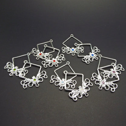 10 Silver Tone Diamond & Flower Shaped Earring Pendants with Rhinestones