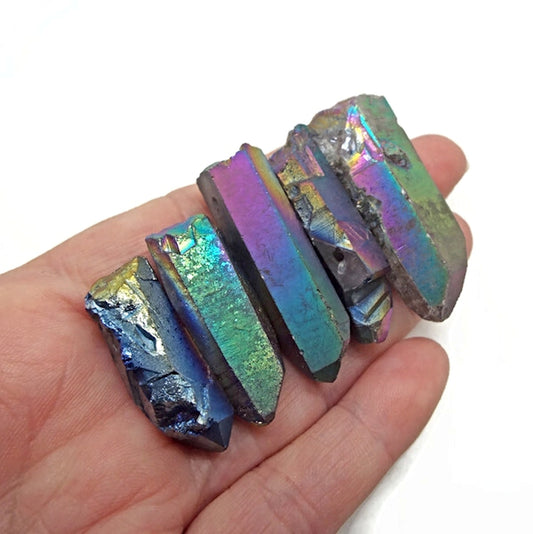 Rainbow Electroplated Quartz Points, Set of 5 Gemstone Pendants 47-33mm