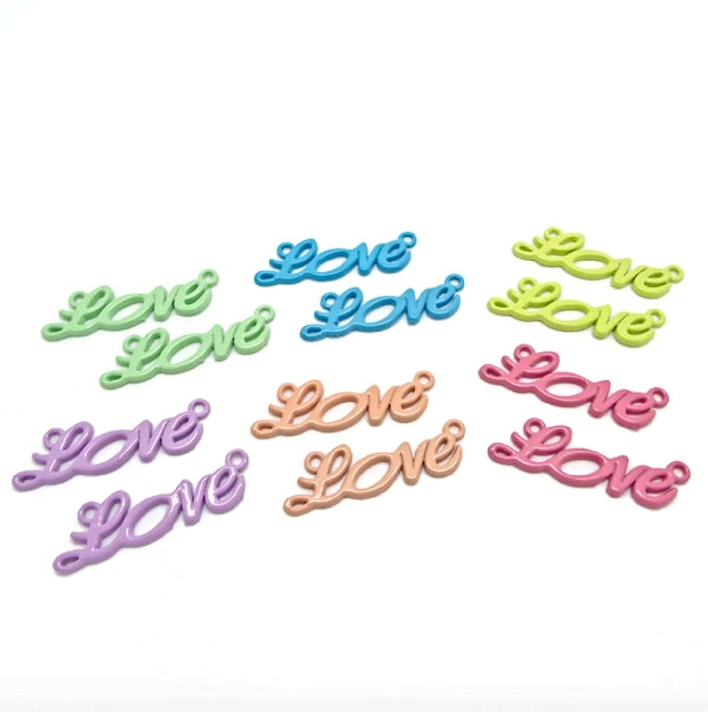 12 Enamel Love Pendant Connectors for Jewellery Making, Mixed Pack of 6 Colours