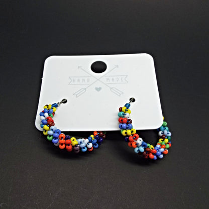 Seed Bead Hoop Earrings in Rainbow Colours Wrapped with Blue Copper Wire