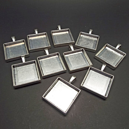 10 Square Bezel Pendants in Antique Silver Tone for Pendant Making with 20x20mm Cabochon Tray