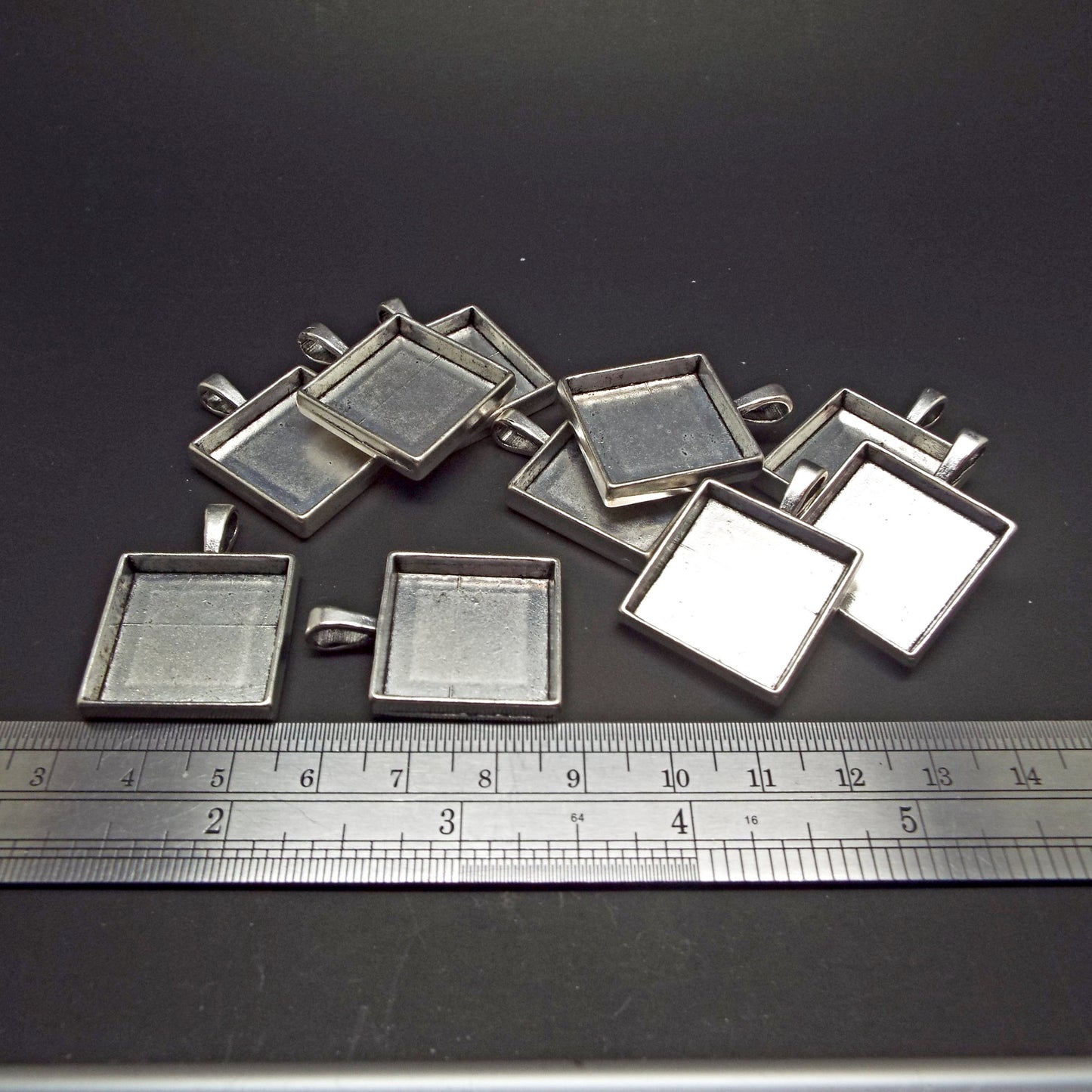 10 Square Bezel Pendants in Antique Silver Tone for Pendant Making with 20x20mm Cabochon Tray