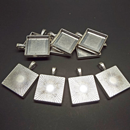 10 Square Bezel Pendants in Antique Silver Tone for Pendant Making with 20x20mm Cabochon Tray