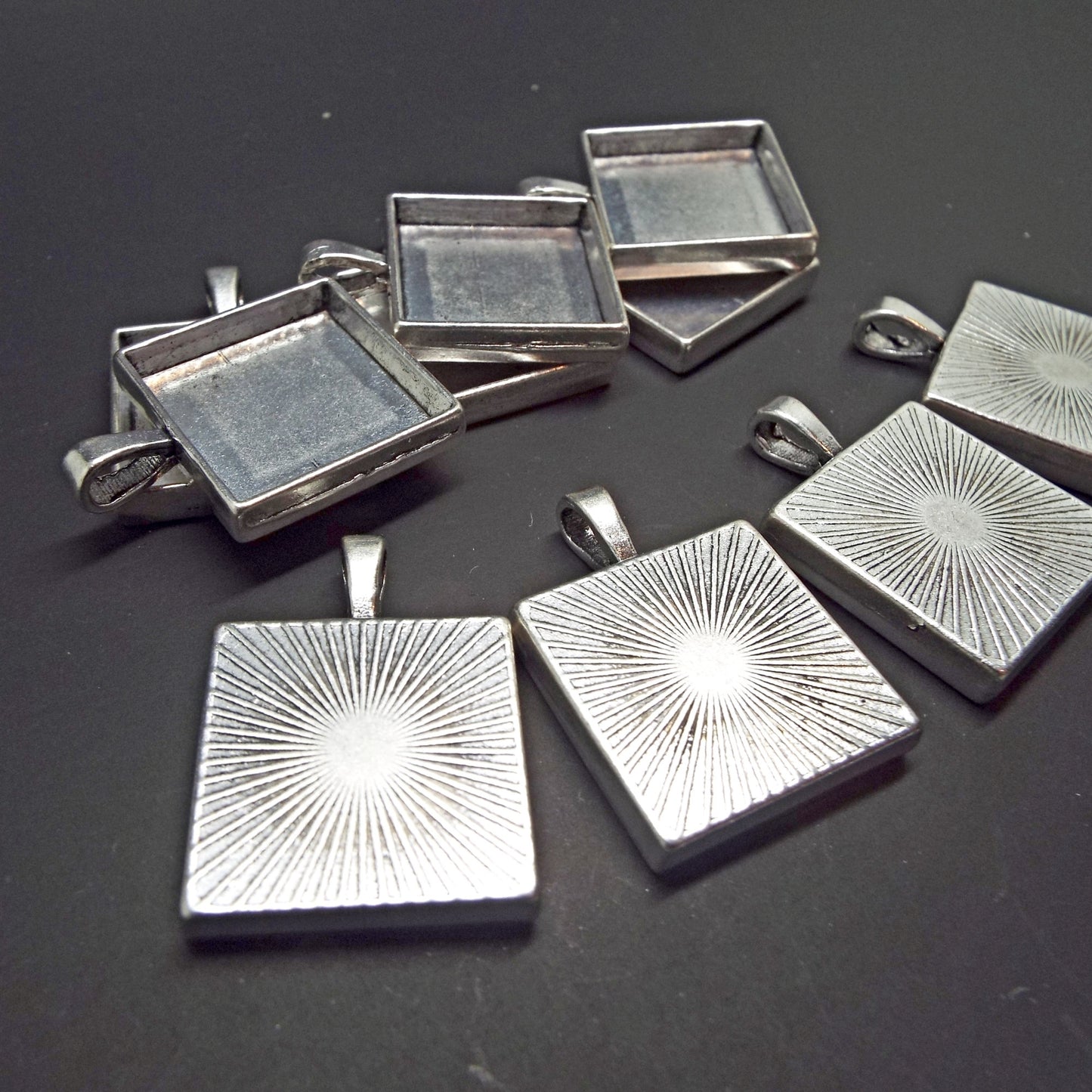 10 Square Bezel Pendants in Antique Silver Tone for Pendant Making with 20x20mm Cabochon Tray