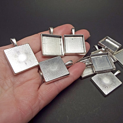 10 Square Bezel Pendants in Antique Silver Tone for Pendant Making with 20x20mm Cabochon Tray