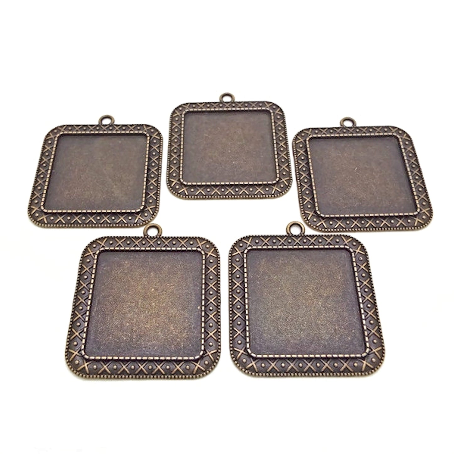 5 Square Bronze Bezel Tray Pendants 45x41x2mm with Patterned Edge, Metal Alloy Jewellery Findings