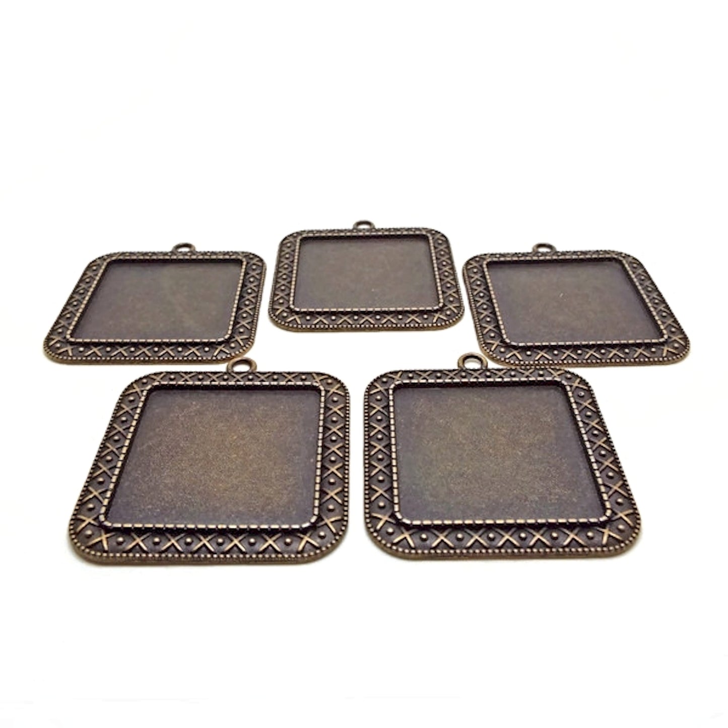 5 Square Bronze Bezel Tray Pendants 45x41x2mm with Patterned Edge, Metal Alloy Jewellery Findings