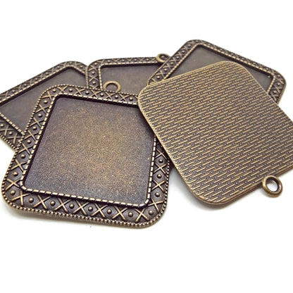 5 Square Bronze Bezel Tray Pendants 45x41x2mm with Patterned Edge, Metal Alloy Jewellery Findings