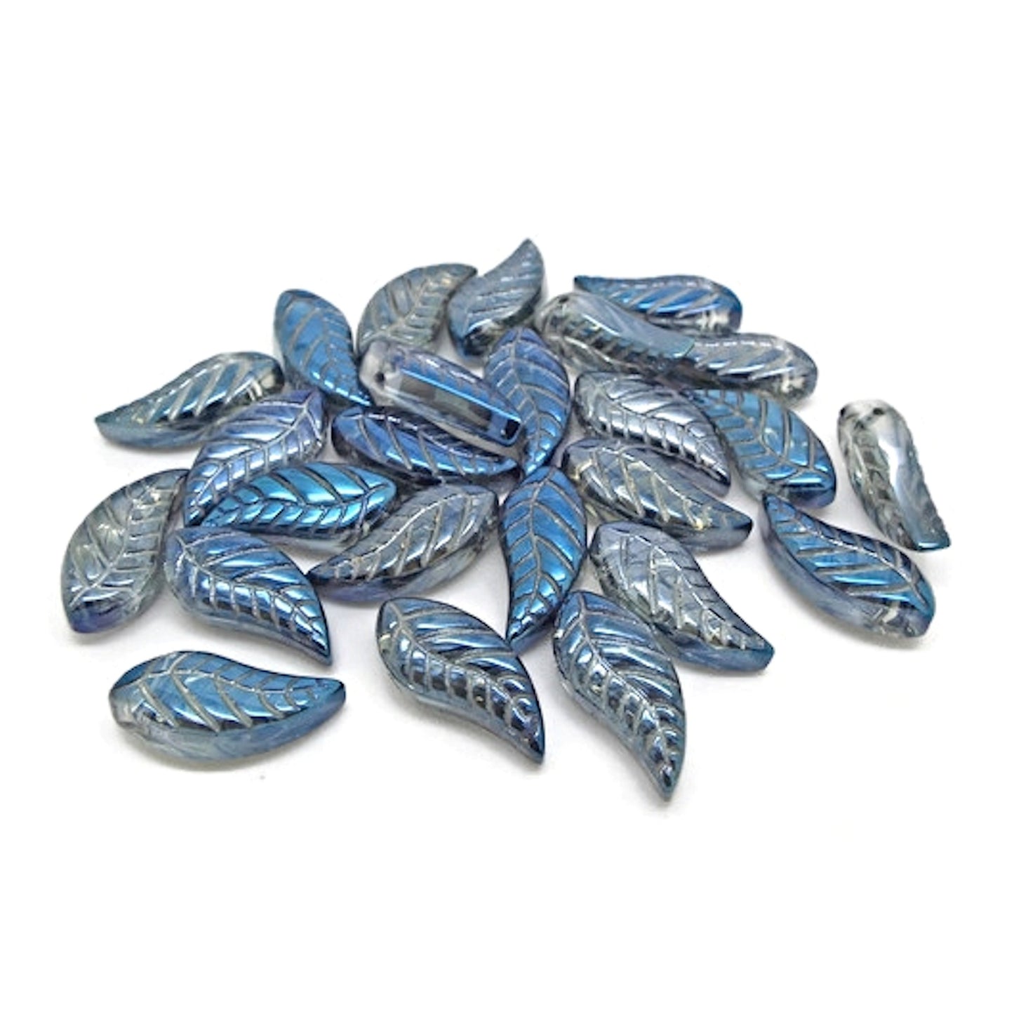 25 Blue AB Plated Leaf Beads, 18x9x4mm, Beautiful Jewellery and Craft Beads