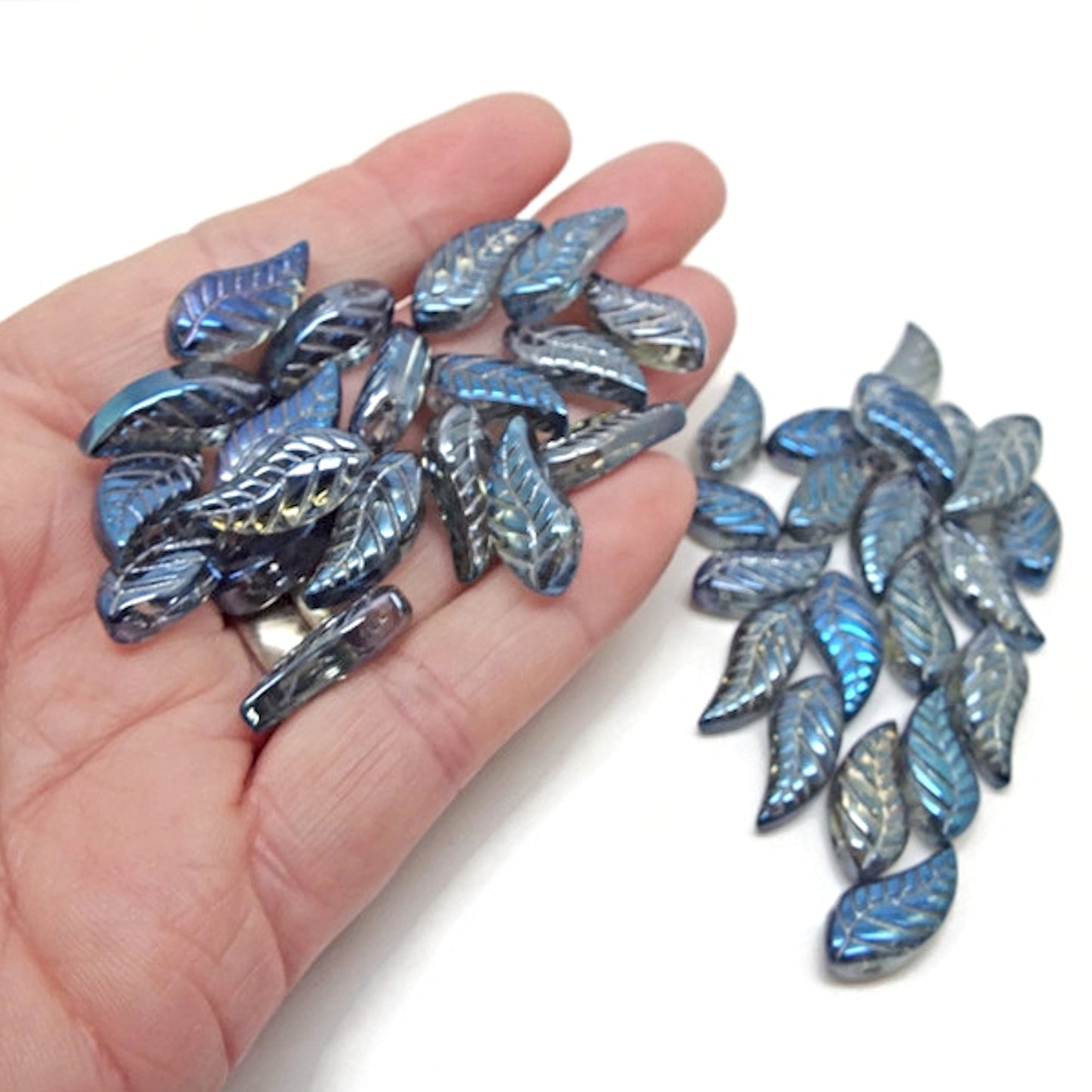 25 Blue AB Plated Leaf Beads, 18x9x4mm, Beautiful Jewellery and Craft Beads