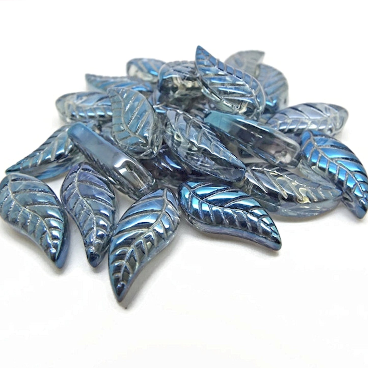 25 Blue AB Plated Leaf Beads, 18x9x4mm, Beautiful Jewellery and Craft Beads