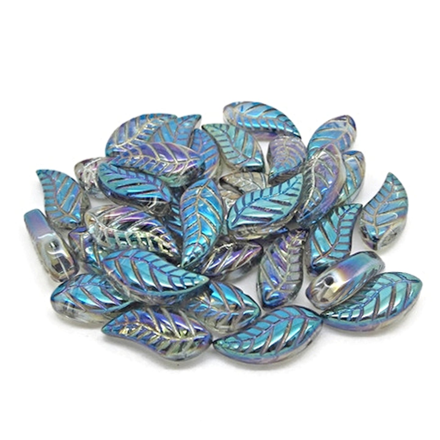 25 Turquoise AB Plated Leaf Beads, 18x9x4mm, Beautiful Jewellery and Craft Beads