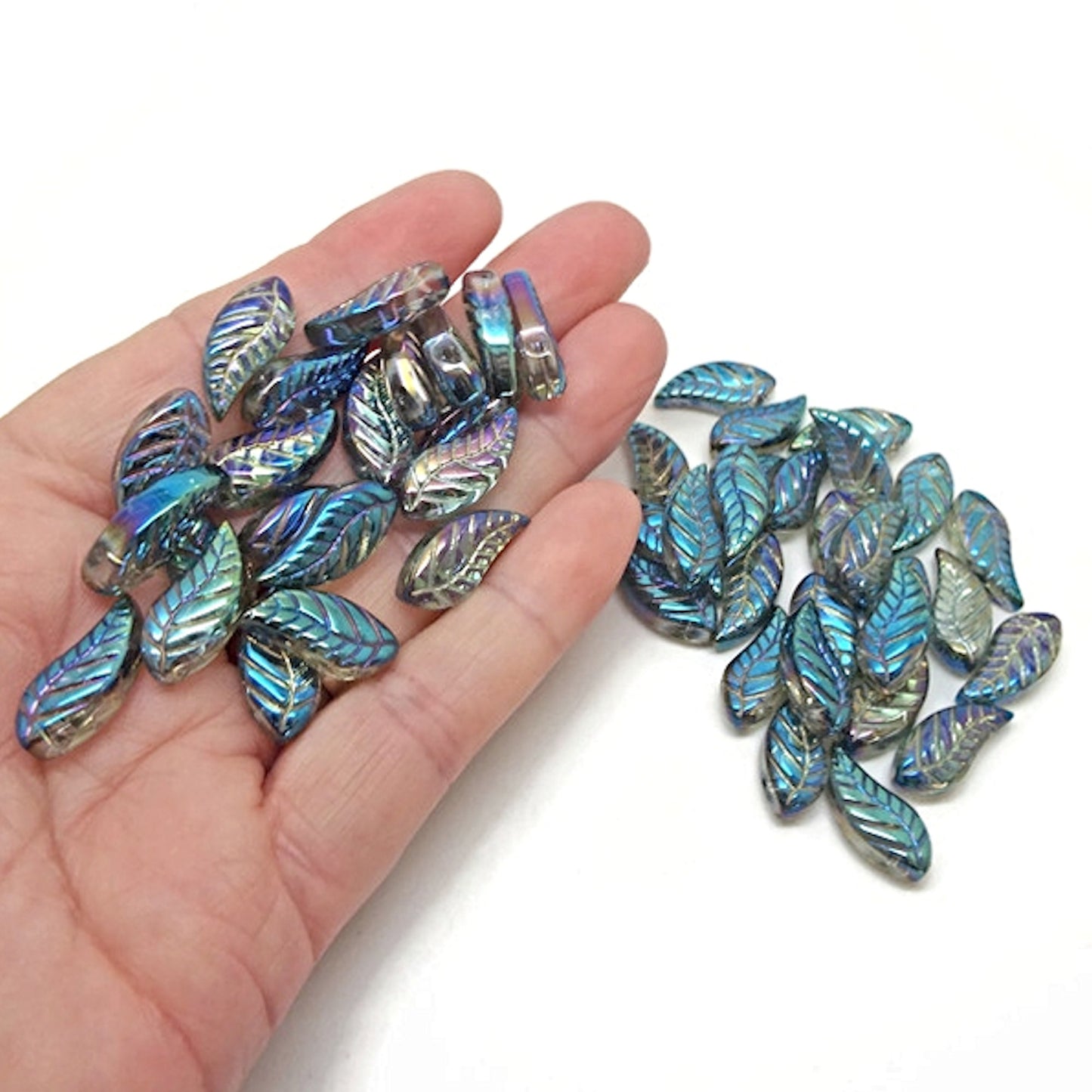 25 Turquoise AB Plated Leaf Beads, 18x9x4mm, Beautiful Jewellery and Craft Beads