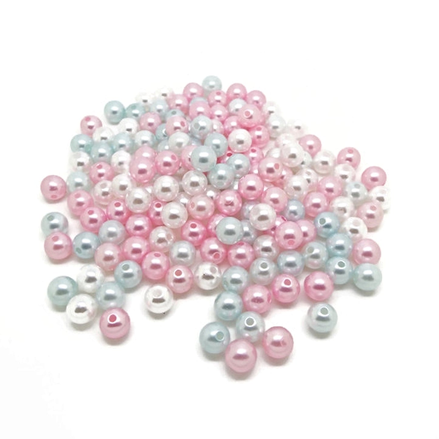 Pink, Blue & White Pearl Plastic Beads in 5 Sizes, 3mm, 4mm, 5mm, 6mm & 8mm