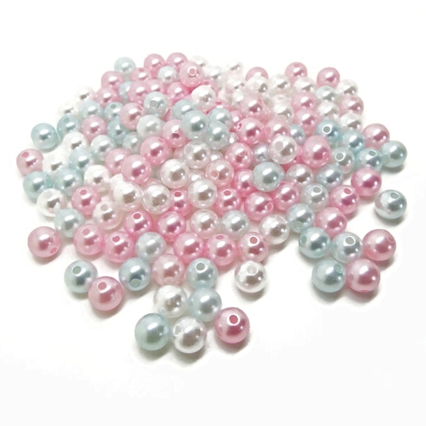 Pink, Blue & White Pearl Plastic Beads in 5 Sizes, 3mm, 4mm, 5mm, 6mm & 8mm