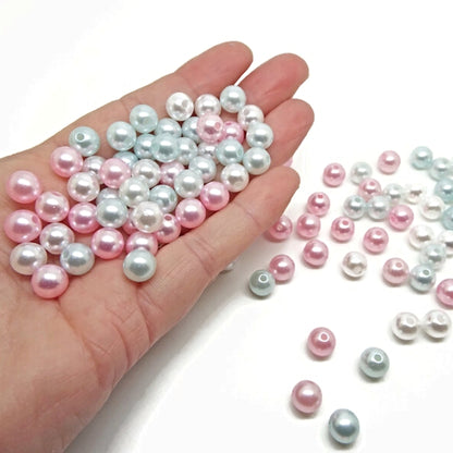 Pink, Blue & White Pearl Plastic Beads in 5 Sizes, 3mm, 4mm, 5mm, 6mm & 8mm