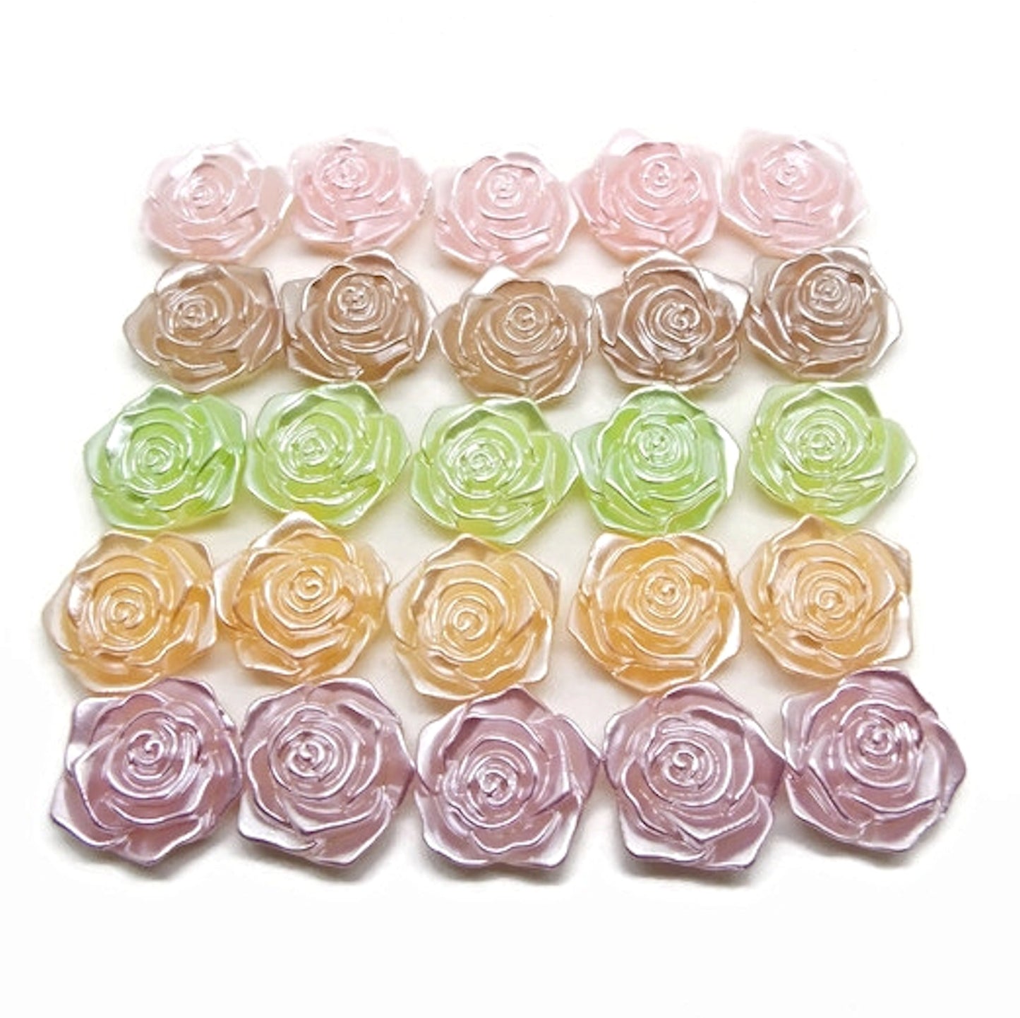 25 Rose Flower Cabochons in Pastel Pearl Colours, Flatback for Crafts, 5 Colour Choices