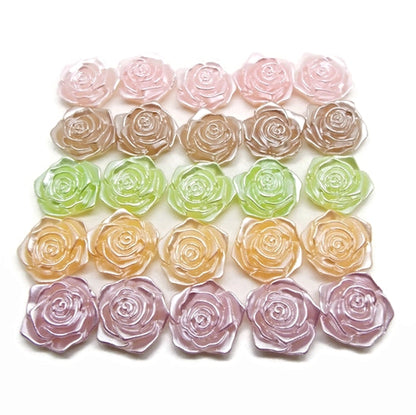 25 Rose Flower Cabochons in Pastel Pearl Colours, Flatback for Crafts, 5 Colour Choices