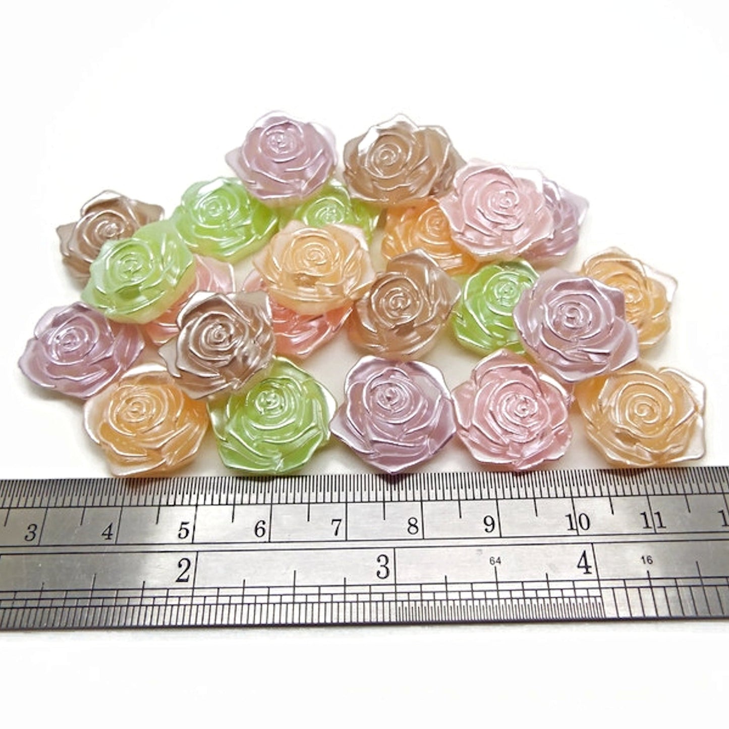 25 Rose Flower Cabochons in Pastel Pearl Colours, Flatback for Crafts, 5 Colour Choices