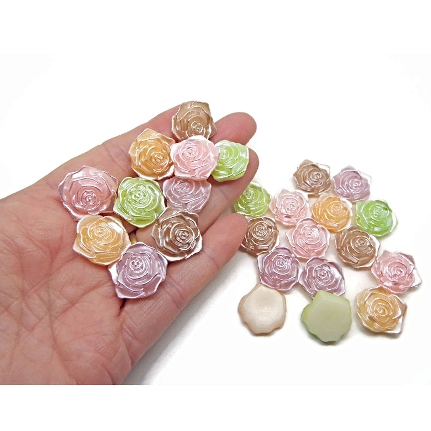 25 Rose Flower Cabochons in Pastel Pearl Colours, Flatback for Crafts, 5 Colour Choices