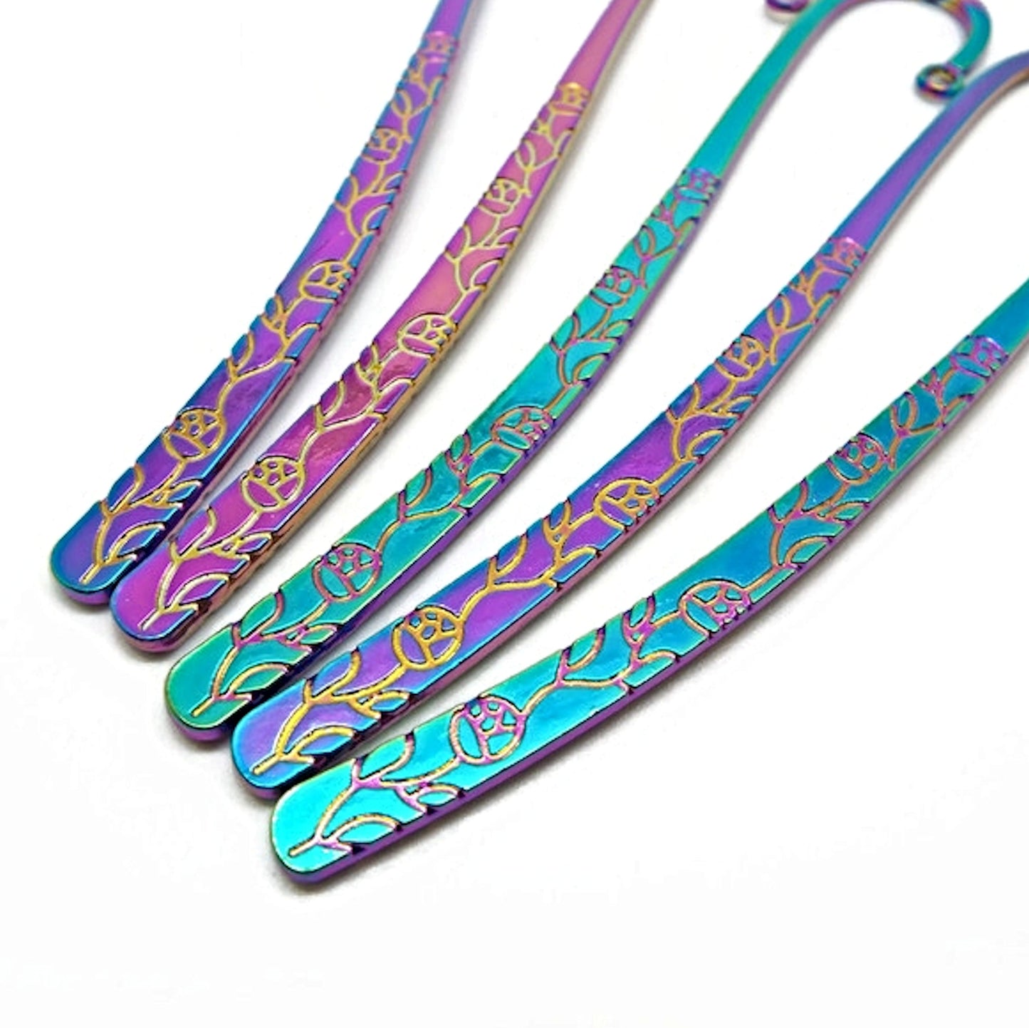 5 Rainbow Electroplated Flower Engraved Bookmarks, 113mm Metal Blanks for Beads Tassels or Charms