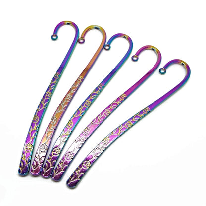 5 Rainbow Electroplated Flower Engraved Bookmarks, 113mm Metal Blanks for Beads Tassels or Charms