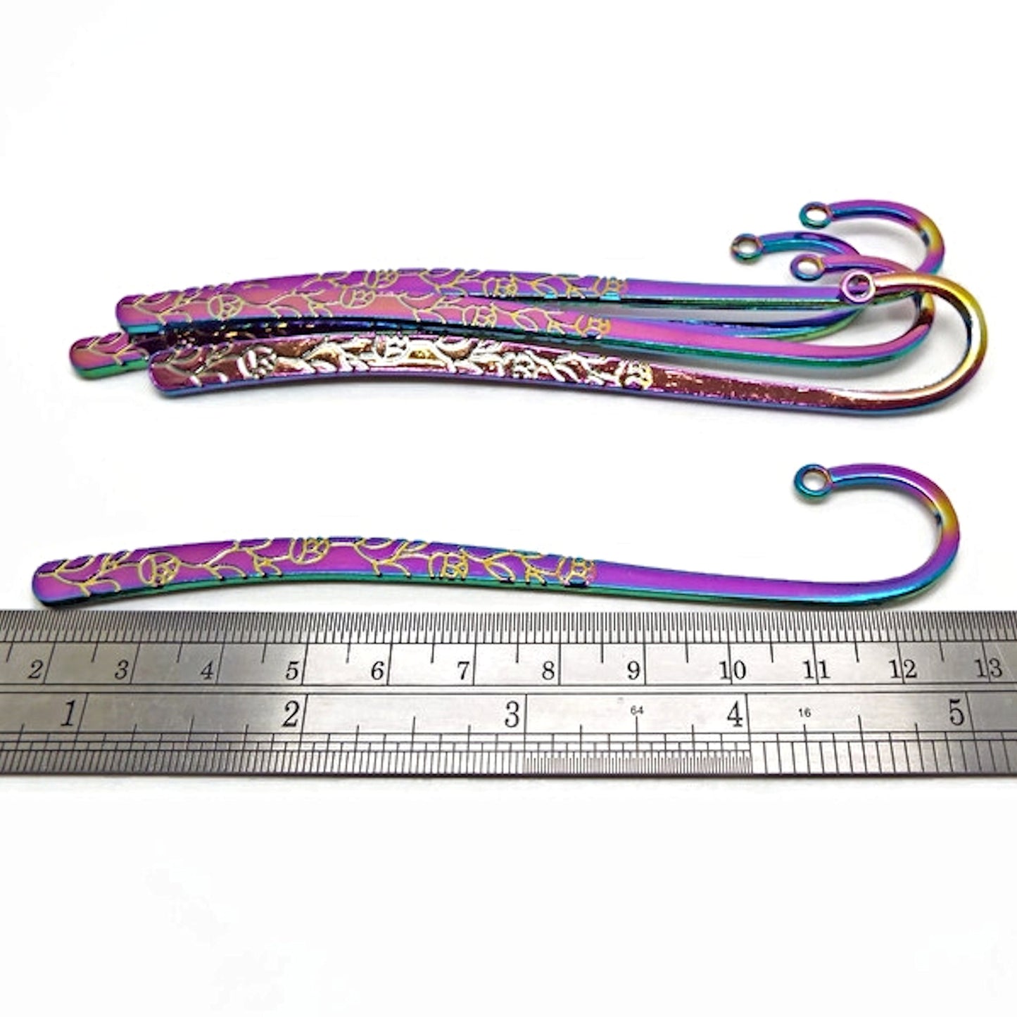 5 Rainbow Electroplated Flower Engraved Bookmarks, 113mm Metal Blanks for Beads Tassels or Charms