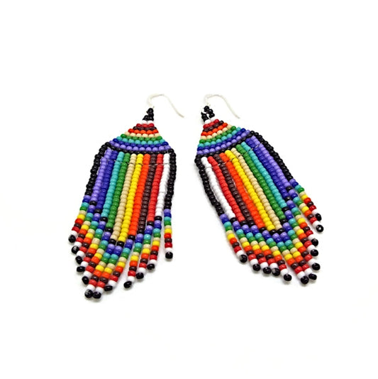 Multicolour Fringe Earrings, Handmade with Miyuki 11/0 Seed Beads and Silver Plated Earwires, Full Drop 7.8cm