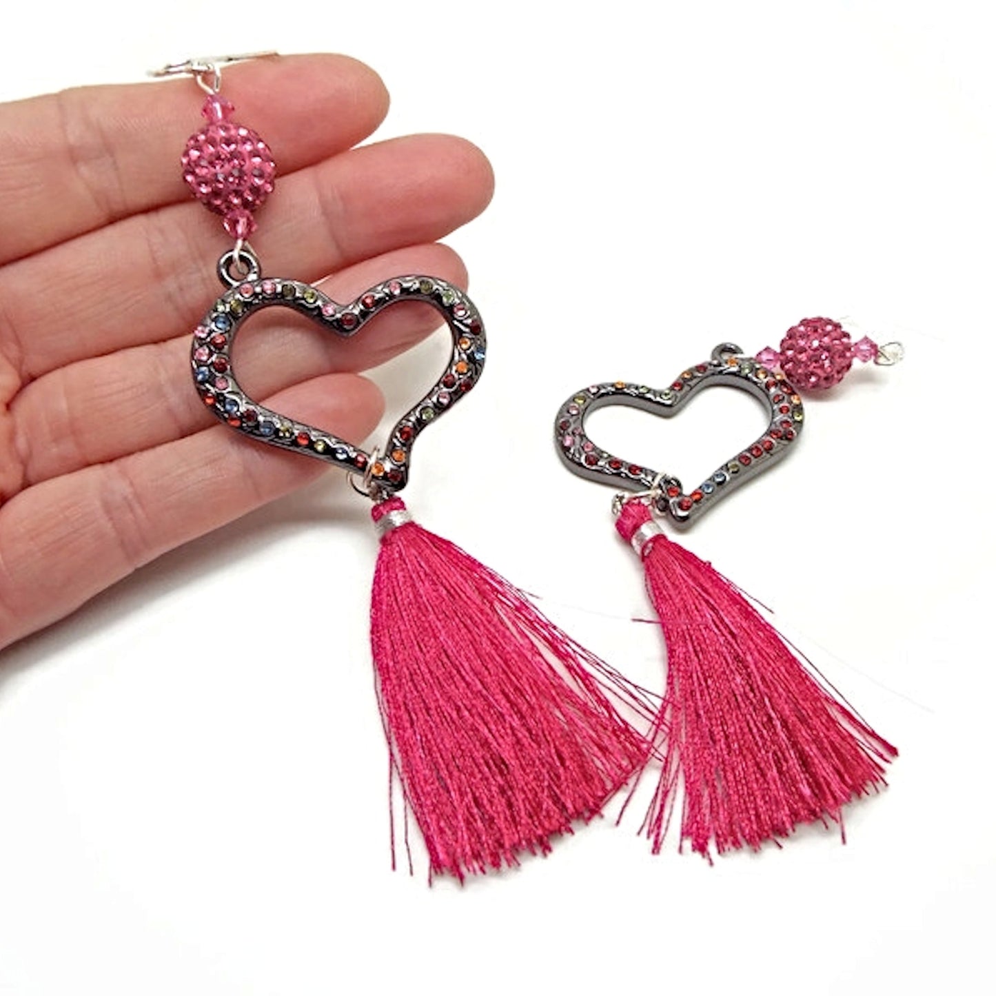 Long Dangle Earrings in Black and Pink, Statement Earrings with Rhinestone Black Heart and Tassel