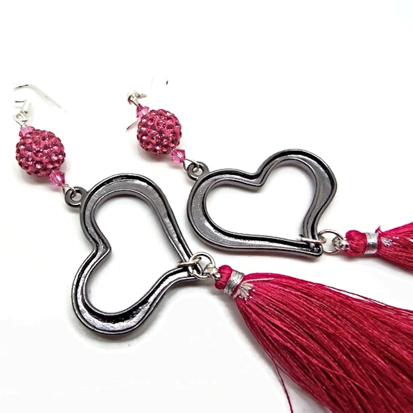 Long Dangle Earrings in Black and Pink, Statement Earrings with Rhinestone Black Heart and Tassel